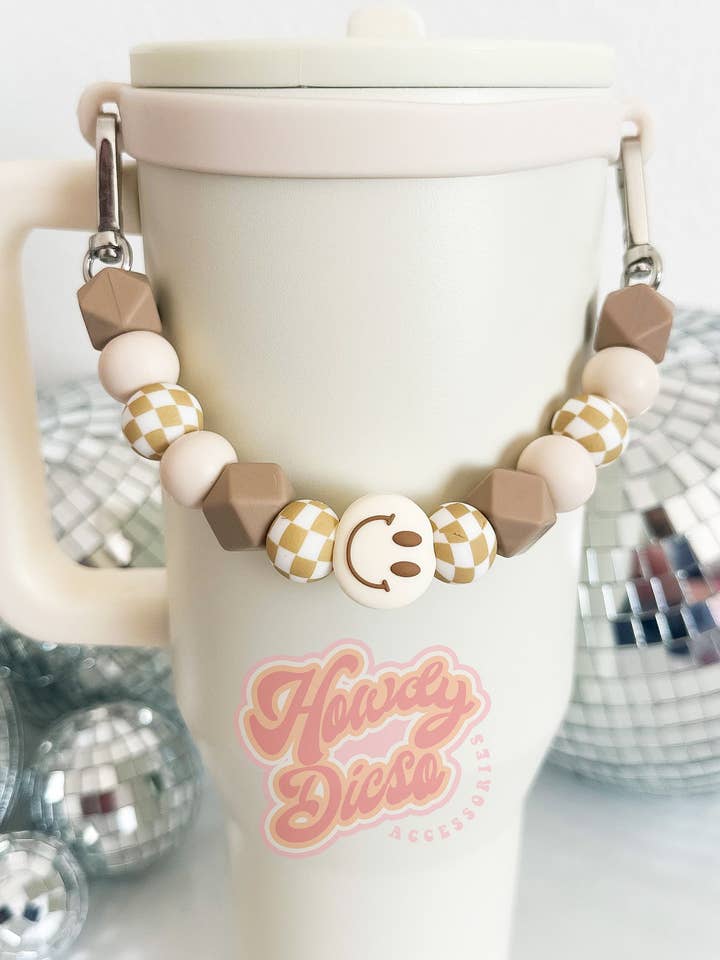 Tumbler Handle, Tumbler Accessories- Smiley Check for wholesale by Howdy Disco, LLC
