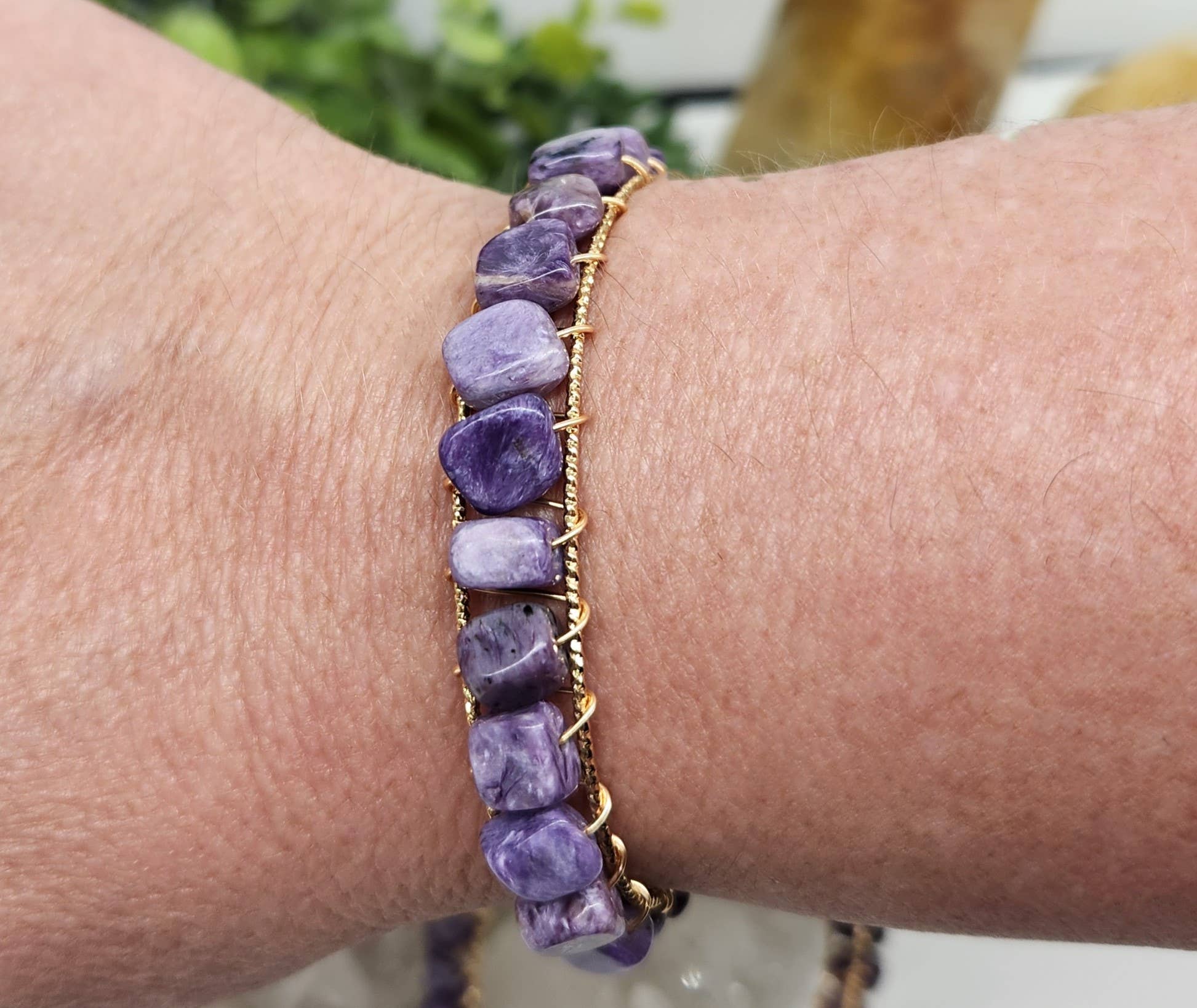Meraki Gemstones - Wholesale Cuff Bracelet - Charoite Bangle/Cuff WireWrapped Bracelet-18kt. Gold Overlay10
