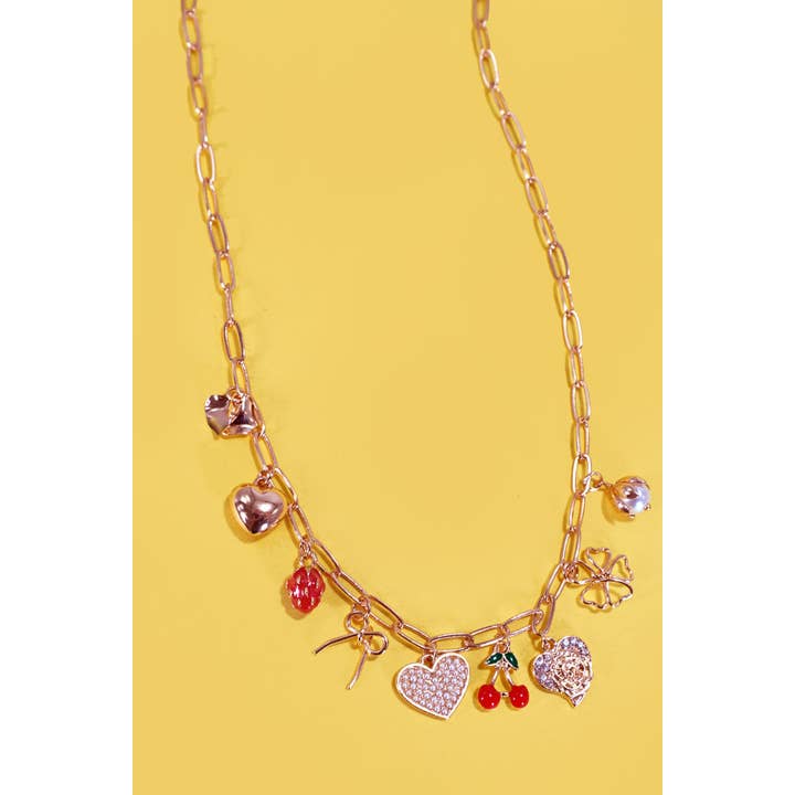 Gold MULTI CHARM BOW CHERRY HEART NECKLACE | 80N1190 for wholesale on Faire