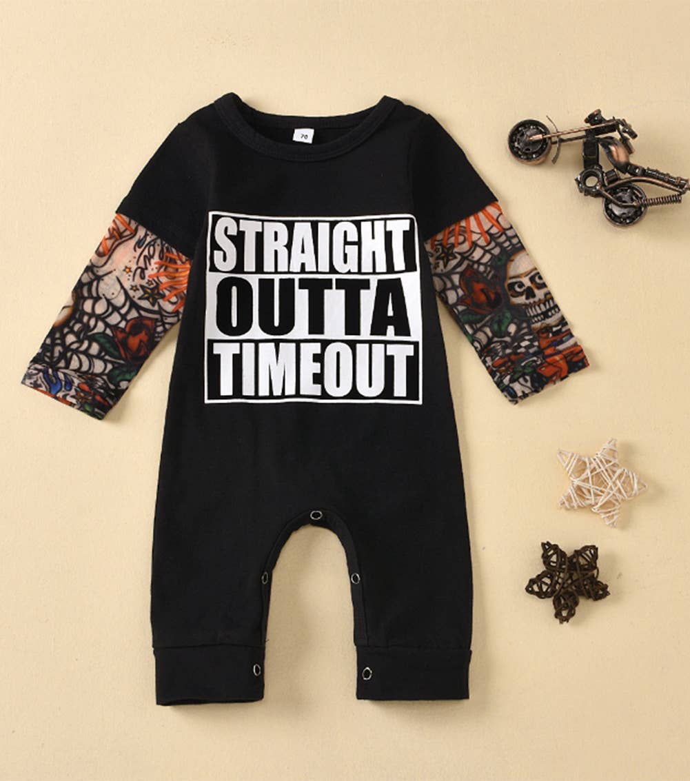 Fennco Styles - Vente Barboteuse – bébé - Barboteuse noire pour bébé à manches tatouées Straight Outta Timeout1