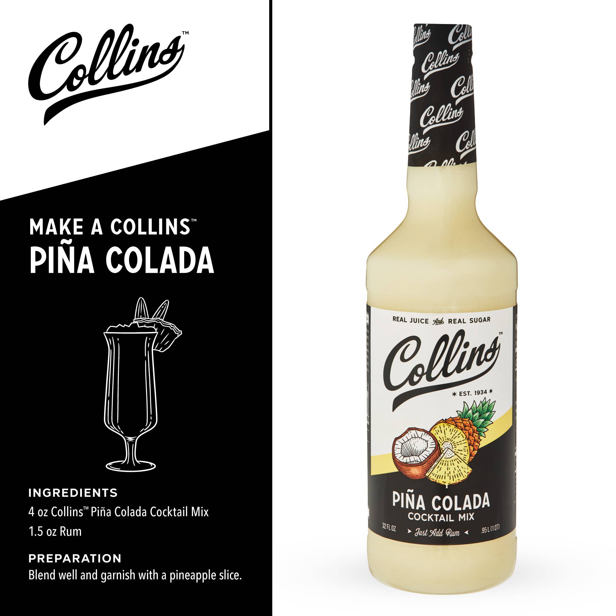 Collins - Wholesale Cocktail Mix/Syrup - Real Sugar Pina Colada Cocktail Mix 32 oz2