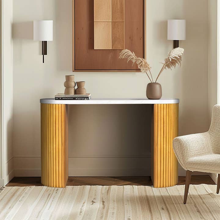 Olliix - Wholesale Console Table - Faux White Marble Top Console Table with Reeded Pillar Legs*