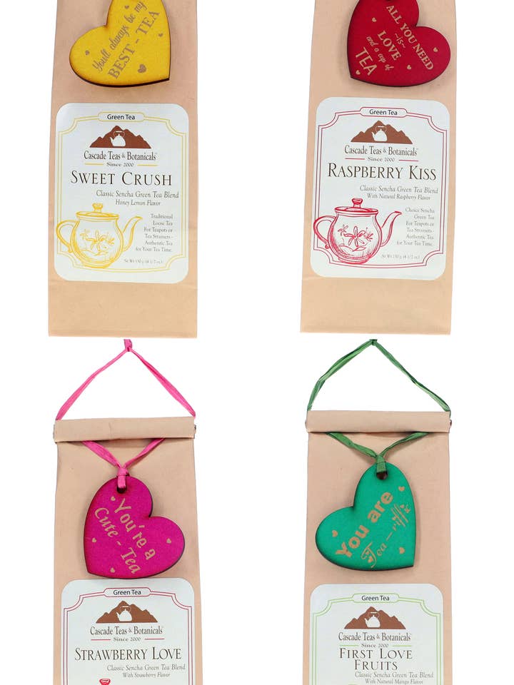 Grøn te Valentinsdag-kollektion med træhjertevedhæng for engroshandel hos Cascade Teas & Botanicals