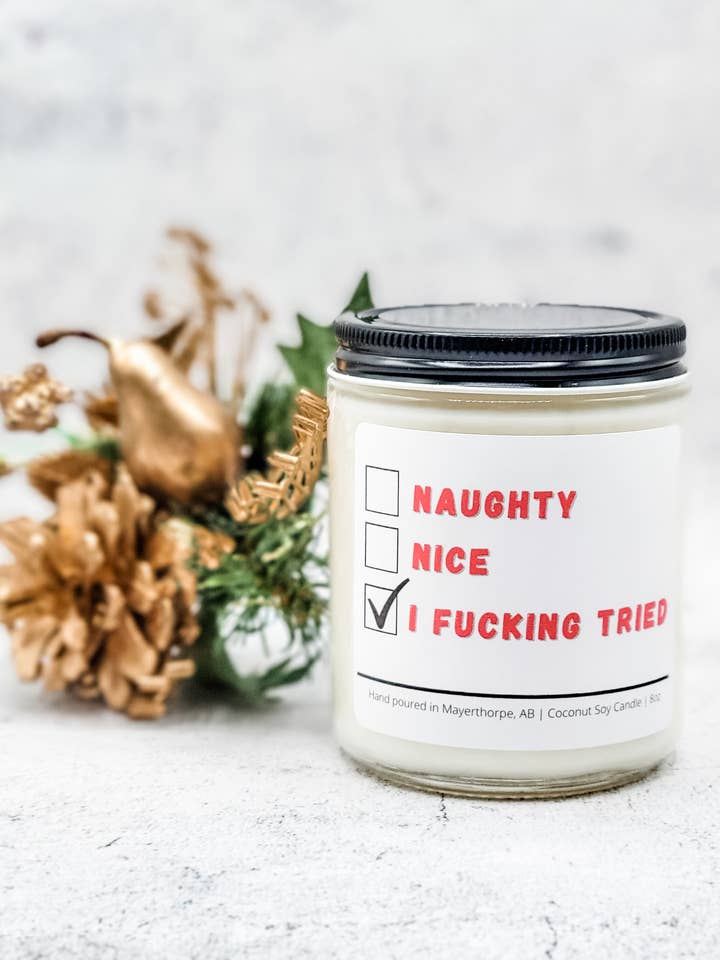 Naughty, Nice, I Fucking Tried - Funny Christmas Candle for wholesale by Dark Horse Handcrafted