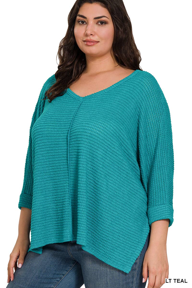 SCHWARZ-160583 „PLUS SIZE 3/4-ARM V-AUSSCHNITT HI-LOW SAUM JACQUARD SW“ für den Großhandel auf Faire14