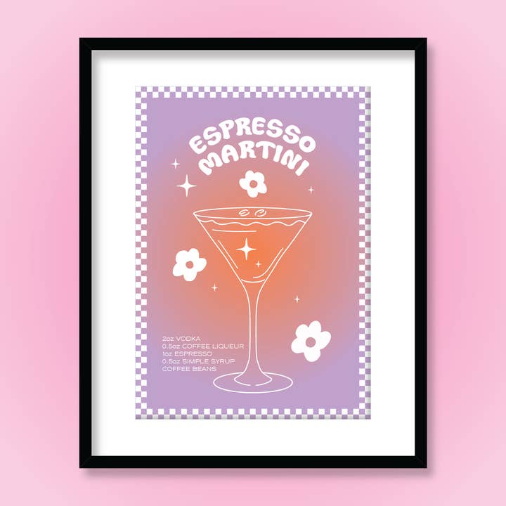 Ruby Roller Art - Wholesale Kunstprint - Groovy 60s Espresso Martini Cocktailbar Gradiënt Art Print
