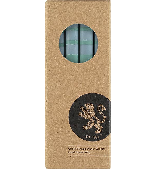 British Colour Standard North America - Wholesale Tapered Candle/Candlestick - BRITISH COLOUR STANDARD - 25cm / 10'' H Striped Beryl Green, Bokhara & Moonstone Eco Dinner Candles, Gift Box of 41
