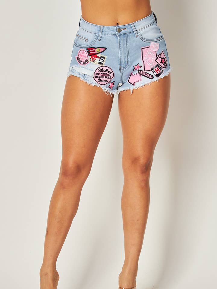 Blue PATCH DETAIL DENIM SHORTS for wholesale on Faire0