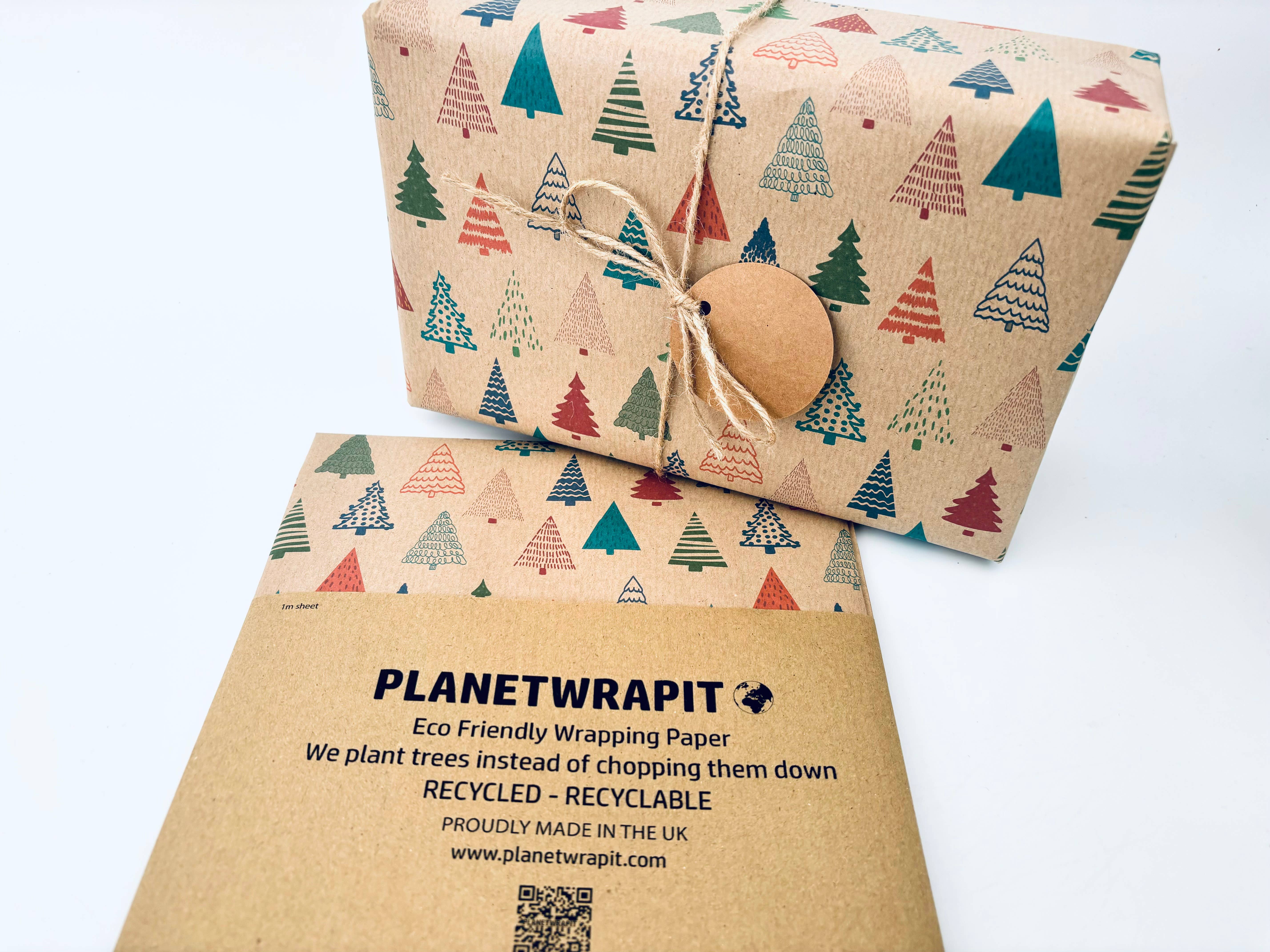 PlanetWrapIt - Wholesale Wrapping Paper Roll - Colourful Christmas Trees Recycled Kraft Gift Wrapping Paper10