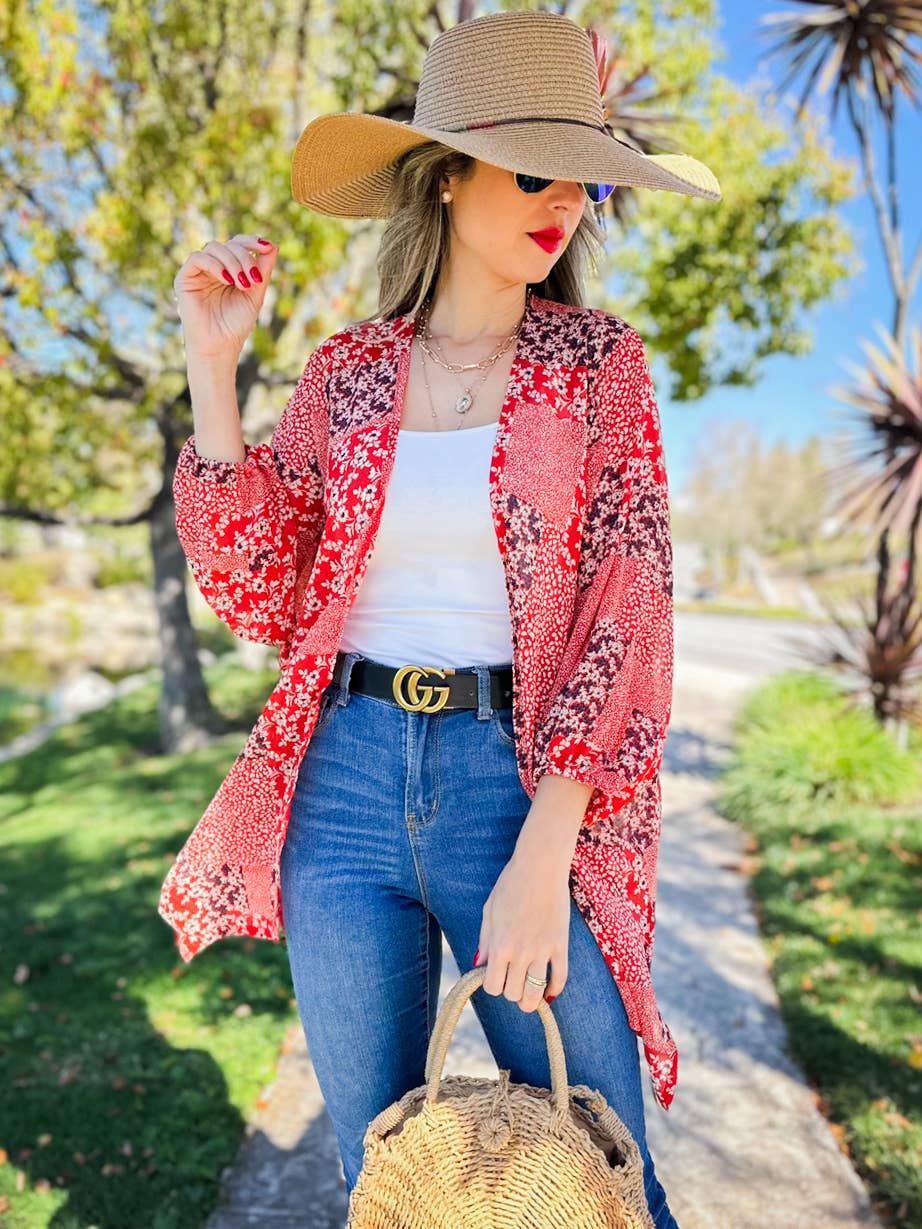 Rouge Kimono en chiffon à imprimé floral multicolore rouge avec manches 3/4 en vente sur Faire4
