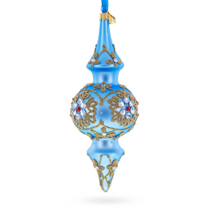 BestPysanky - Wholesale Ornament - Royal Blue Jeweled Scroll Double-Ended Finial Drop Glass Christmas Ornament1