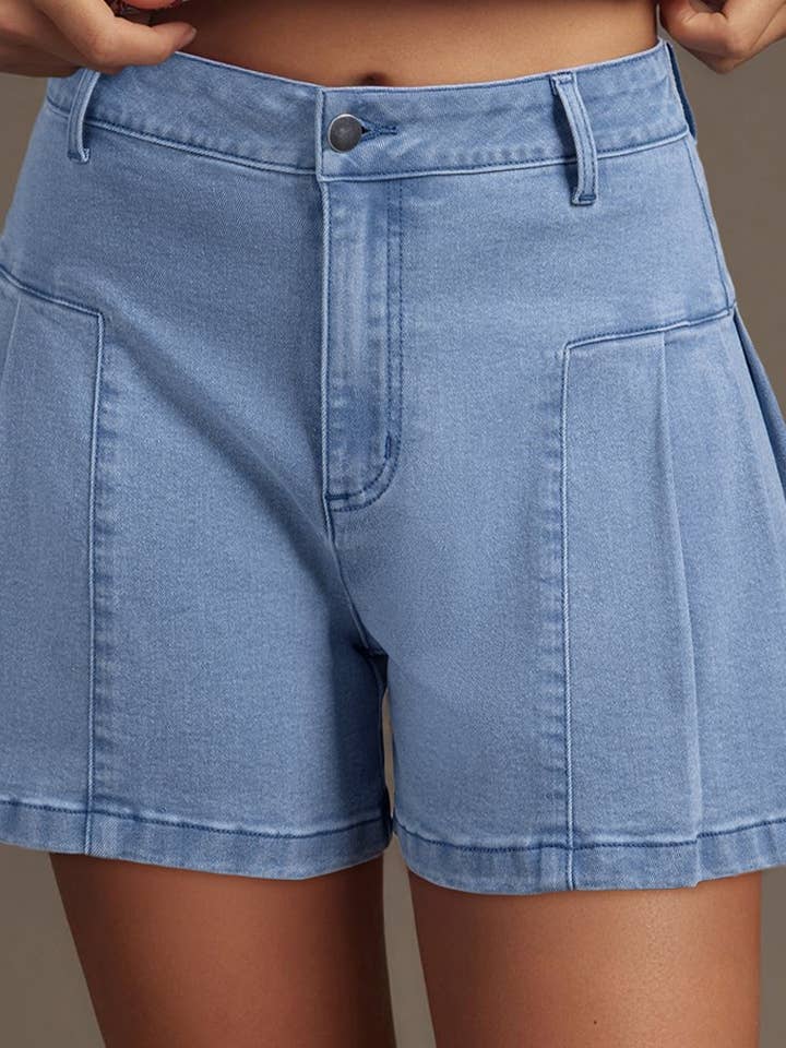 Short en jean léger à jambes larges et patchwork plissé pour la vente par Umorger