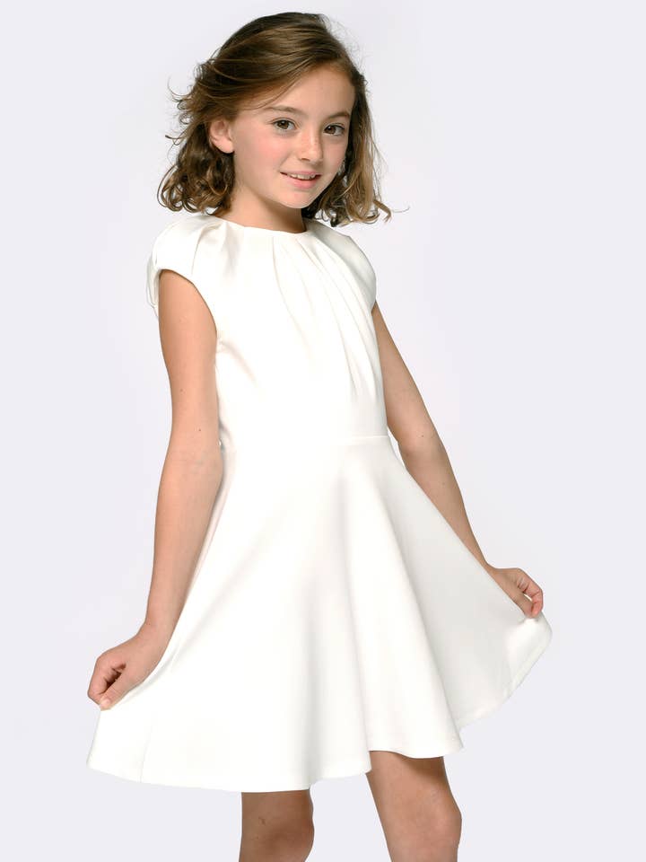 FIT AND FLARE SCUBA DRESS WITH PLEATED NECKLINE for wholesale by Hannah Banana , Baby Sara