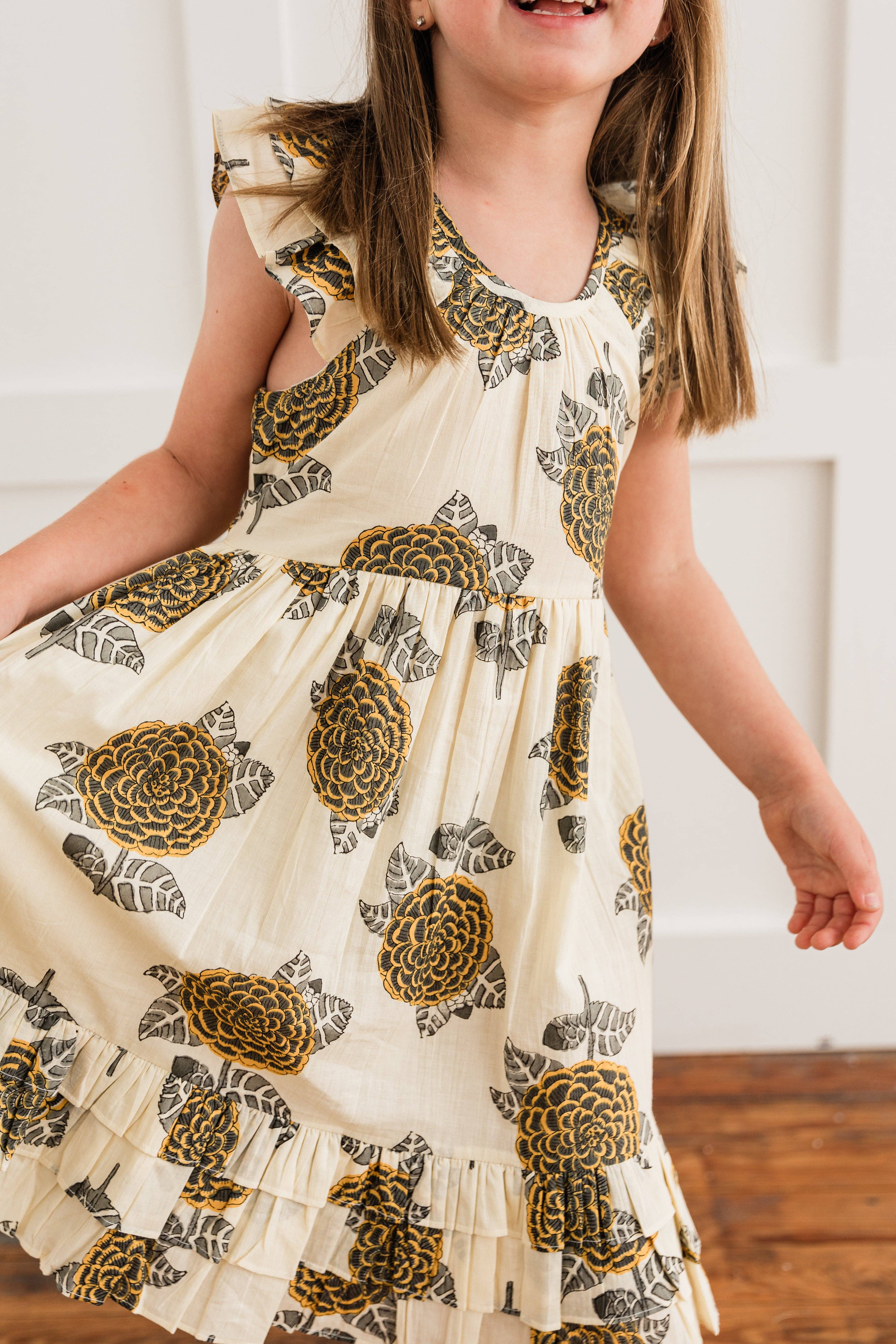 Yo Baby – wholesale Dress – Kids – Mustard & Grey Floral Print Sleeve & Bottom Ruffled Gathered Dress6