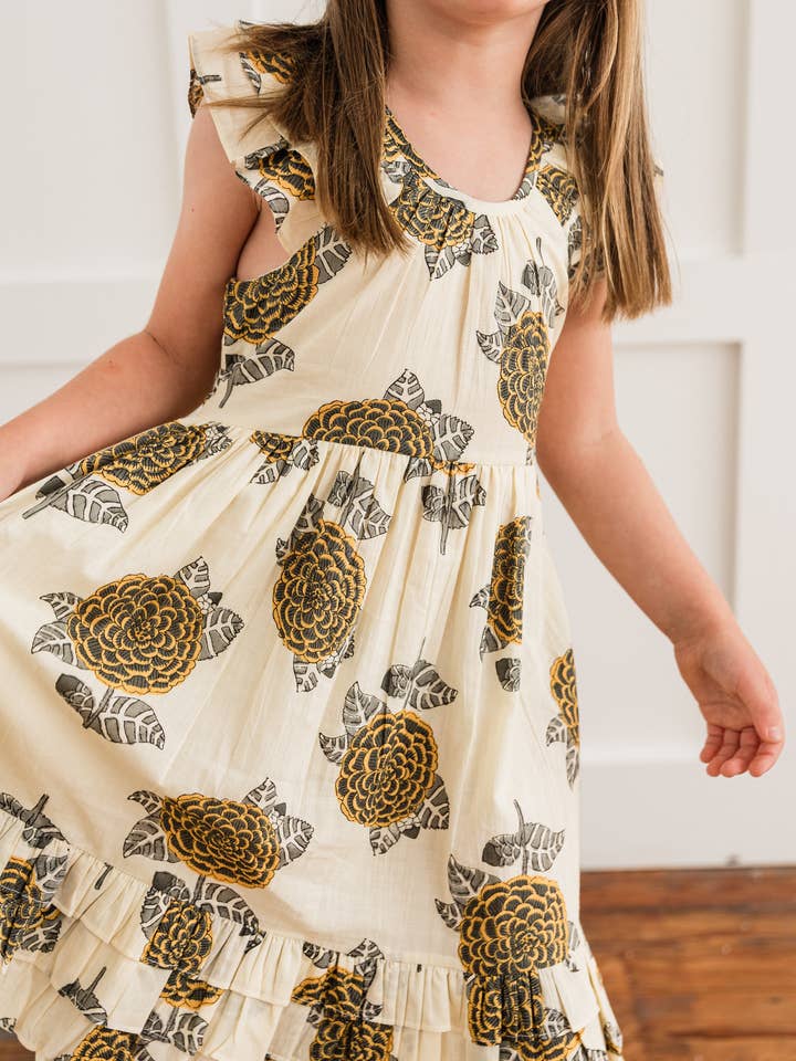 Yo Baby – wholesale Dress – Kids – Mustard & Grey Floral Print Sleeve & Bottom Ruffled Gathered Dress6