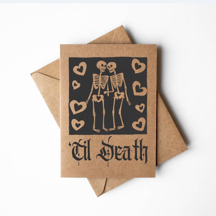 ‘Til Death Goth Black Love Card on Kraft Paper for wholesale by Cryptic Paper Co.