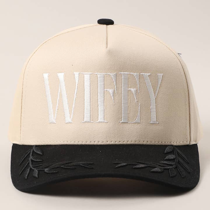 WIFEY Two-Tone Canvas Trucker Hat with Bay Leaf for wholesale by Fashion City