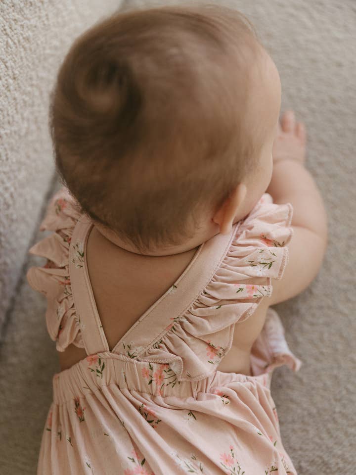 Clara Floral | Bamboo Cross-Back Ruffle Romper for wholesale by Baylor Moon