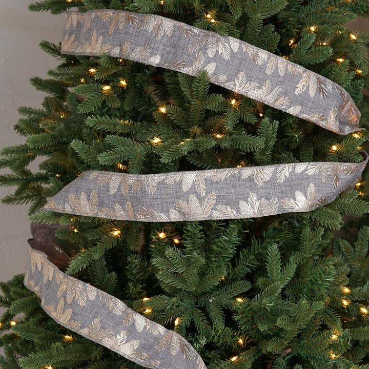 Holiday Depot Inc. - Wholesale Ribbon - Gift Wrapping - R32927-Wired Ribbon-Gray Burlap w. golden pinecones (2.5inW)