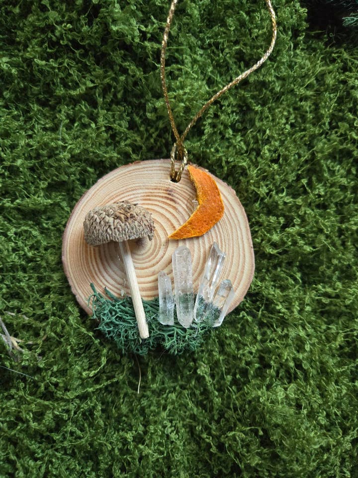 Woodland Mushroom Yule Ornament with Quartz for wholesale by Wyldcraft Woods