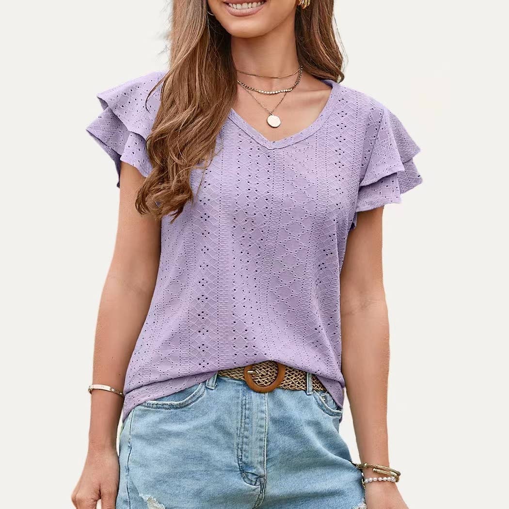 The Moment Collection – wholesale Blus - Dam – Chic Ruffle V-hals Genomborrad Pointelle Ren Kortärmad Topp9