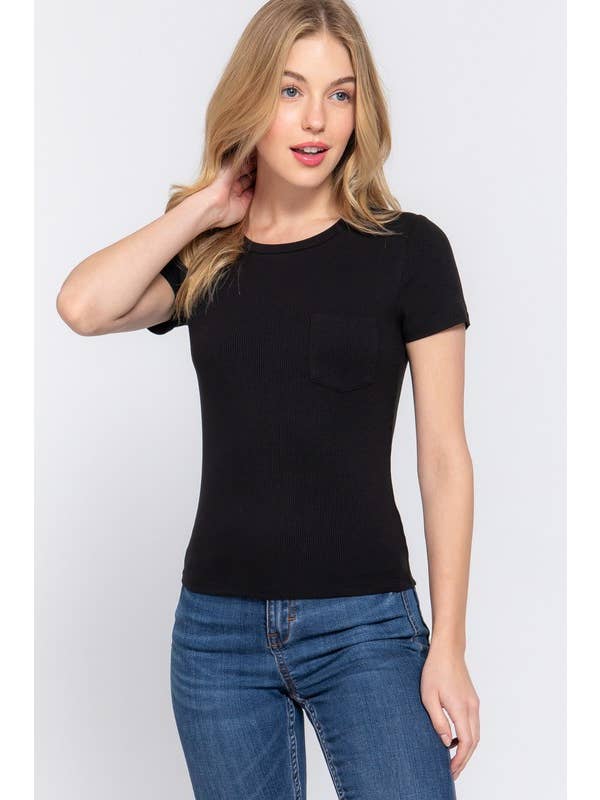 Active Basic | Active USA - Wholesale Knit Top - Women's - Short Sleeve Crew Neck with Pocket Rayon Spandex Rib Top