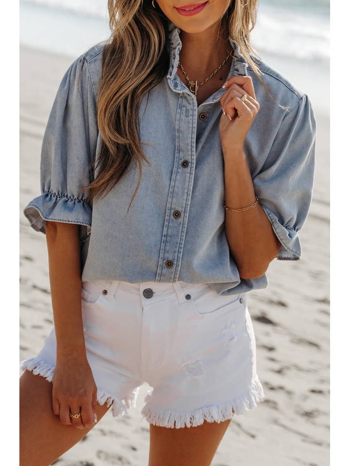 Beau Blue LDC Ruffle Short Puff Sleeve Summer Chambray Shirt for wholesale on Faire