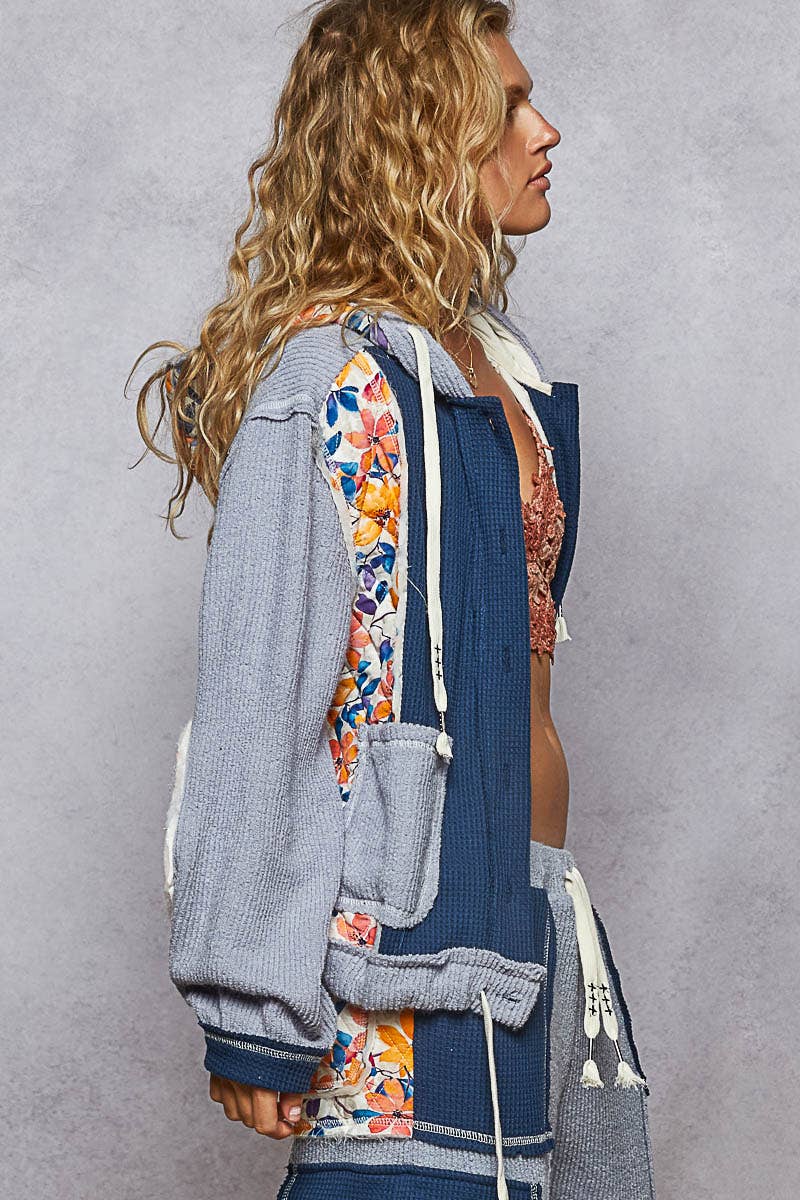 Pol Clothing - Wholesale Jacket - Women's - Balloon Sleeve Quilted Detail Floral Knit Hoodie Jacket SALE2