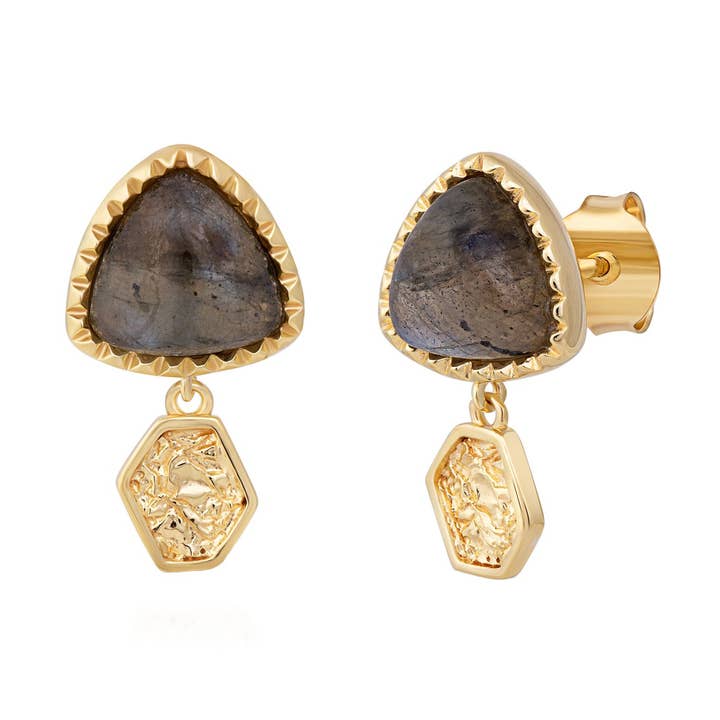 Orecchini pendenti triangolari in labradorite placcati in argento 925 per la vendita all'ingrosso da parte di caï