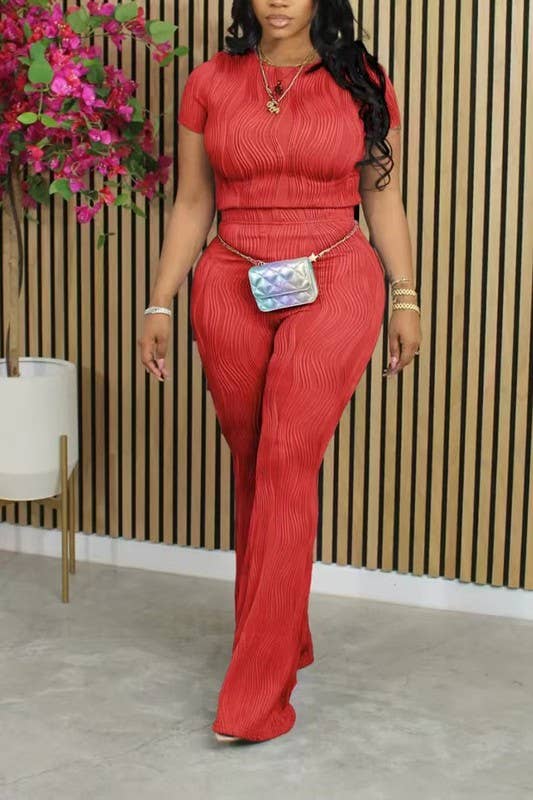 Color 5 - Wholesale Top & Pant Set (NOT Loungewear) - Women's - Solid color wavy bliss casual top with flare pants set 6