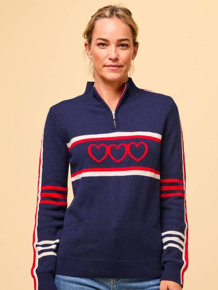 Suéter com zíper 1/4 de lã merino com listras e corações por atacado de Aspiga