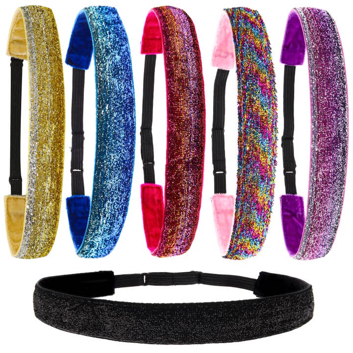 Adjustable No Slip Glitter Headbands for Girls - 6 Pack for wholesale by Frog Sac