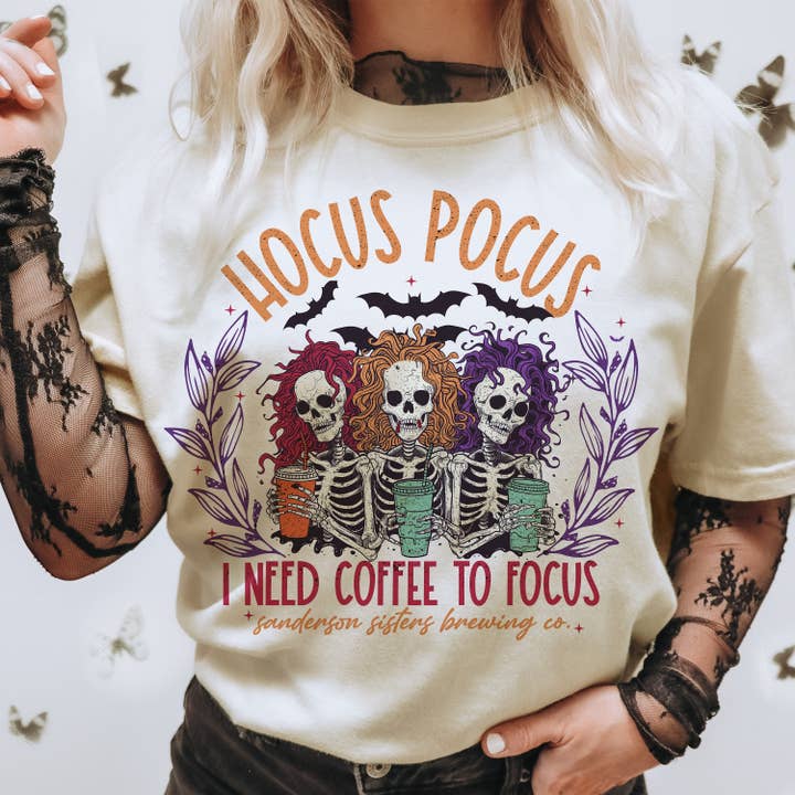 NVC Ecommerce LLC - Venta al por mayor Camiseta estampada - Mujer - Camisa Hocus pocus I Need to Focus, camiseta de las hermanas Sanderson