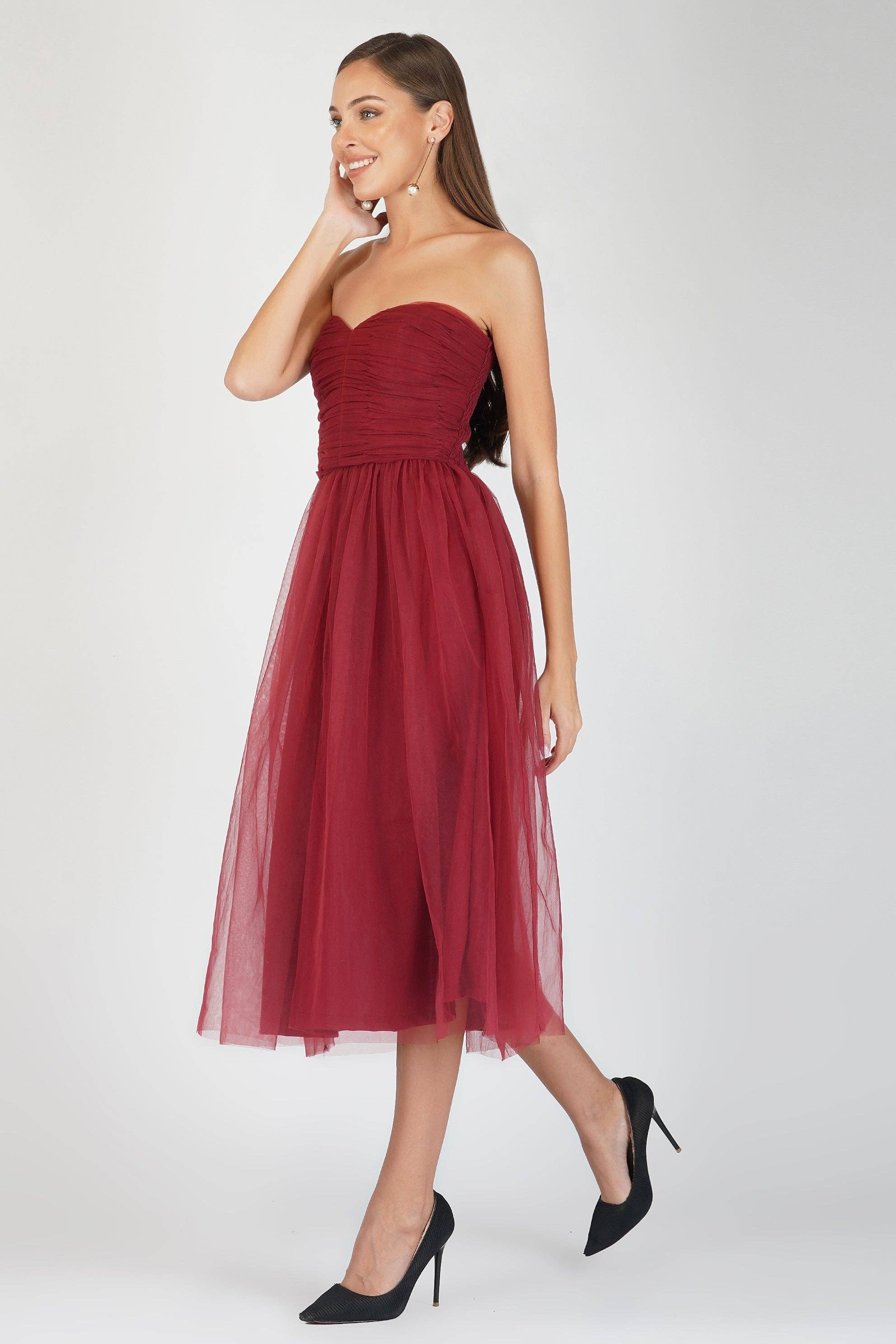 Litzy Tulle Midi in Burgundy for wholesale on Faire2