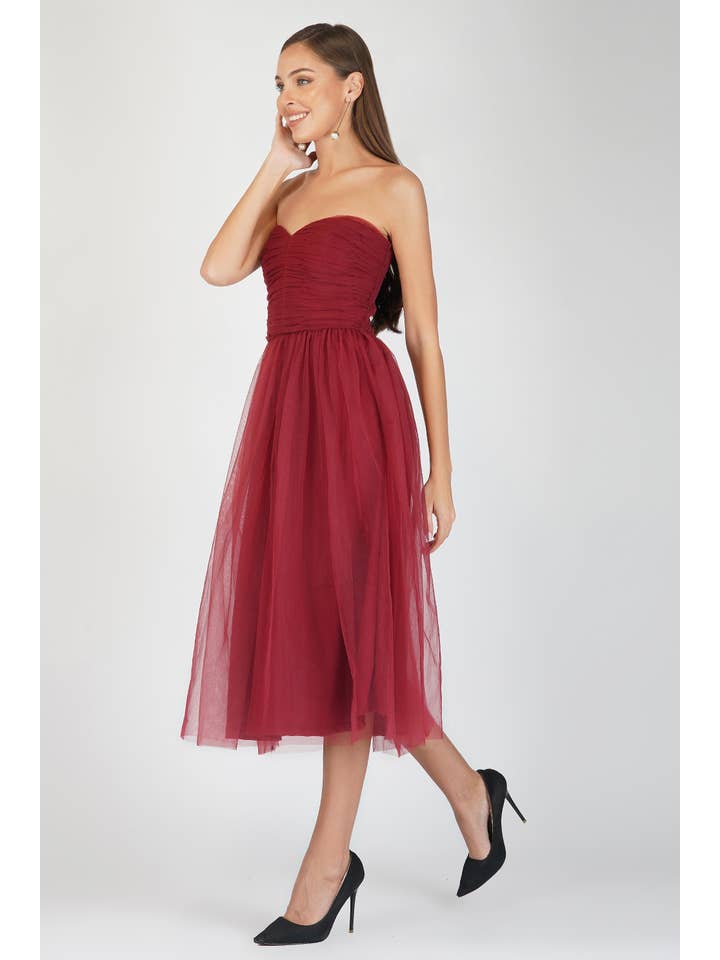 Litzy Tulle Midi in Burgundy for wholesale on Faire2