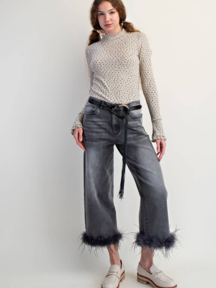 Garden Naked - Wholesale Jeans - Women's - Fur Bottom Hem Washed Stretch Denim Pants1