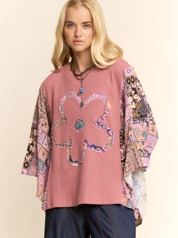 Davi & Dani - Wholesale Knit Top - Women's - PLUS BOHO PATCHWORK KNIT TOP WITH FLOWER3