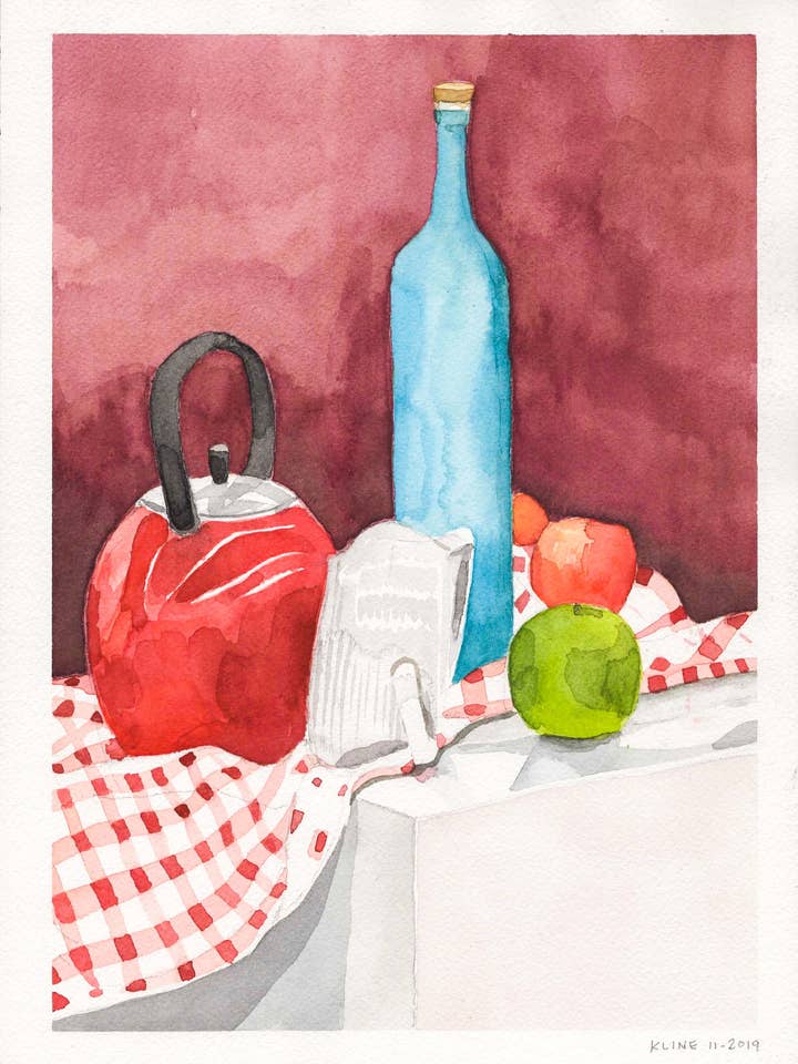 Nature morte d'une bouteille, d'une bouilloire et de pommes. Aquarelle. 9 « x 12". Œuvres de John Kline pour la vente par John Kline Artwork