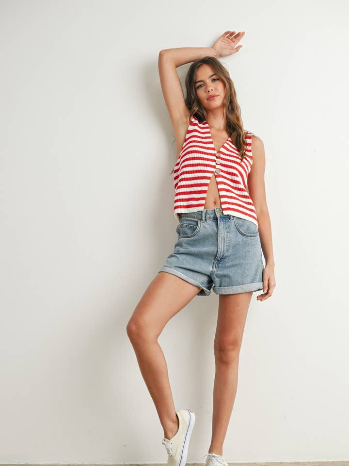 Chaleco de Punto a Rayas con Botones al Frente - BMW7733 para venta al por mayor de BUTTERMELON