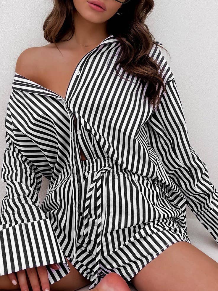 Rosa Clothing - Wholesale Top & Short Set (NOT Loungewear) - Women's - classic striped long sleeve shirt & short set holiday dressy17