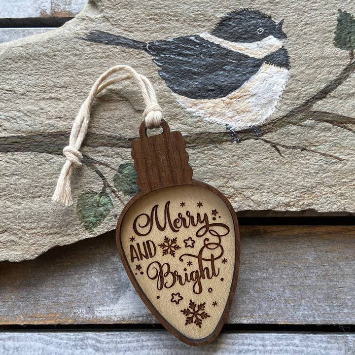 Christmas ornament, wooden 2D ornament, merry & bright for wholesale by Chickadee Creations