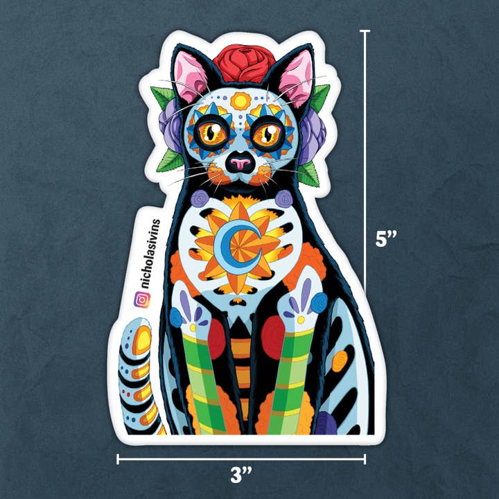 Nicholas Ivins Art & Illustration - Wholesale Sticker - Day of the Dead Cat Astrology Sticker - "Azul"1