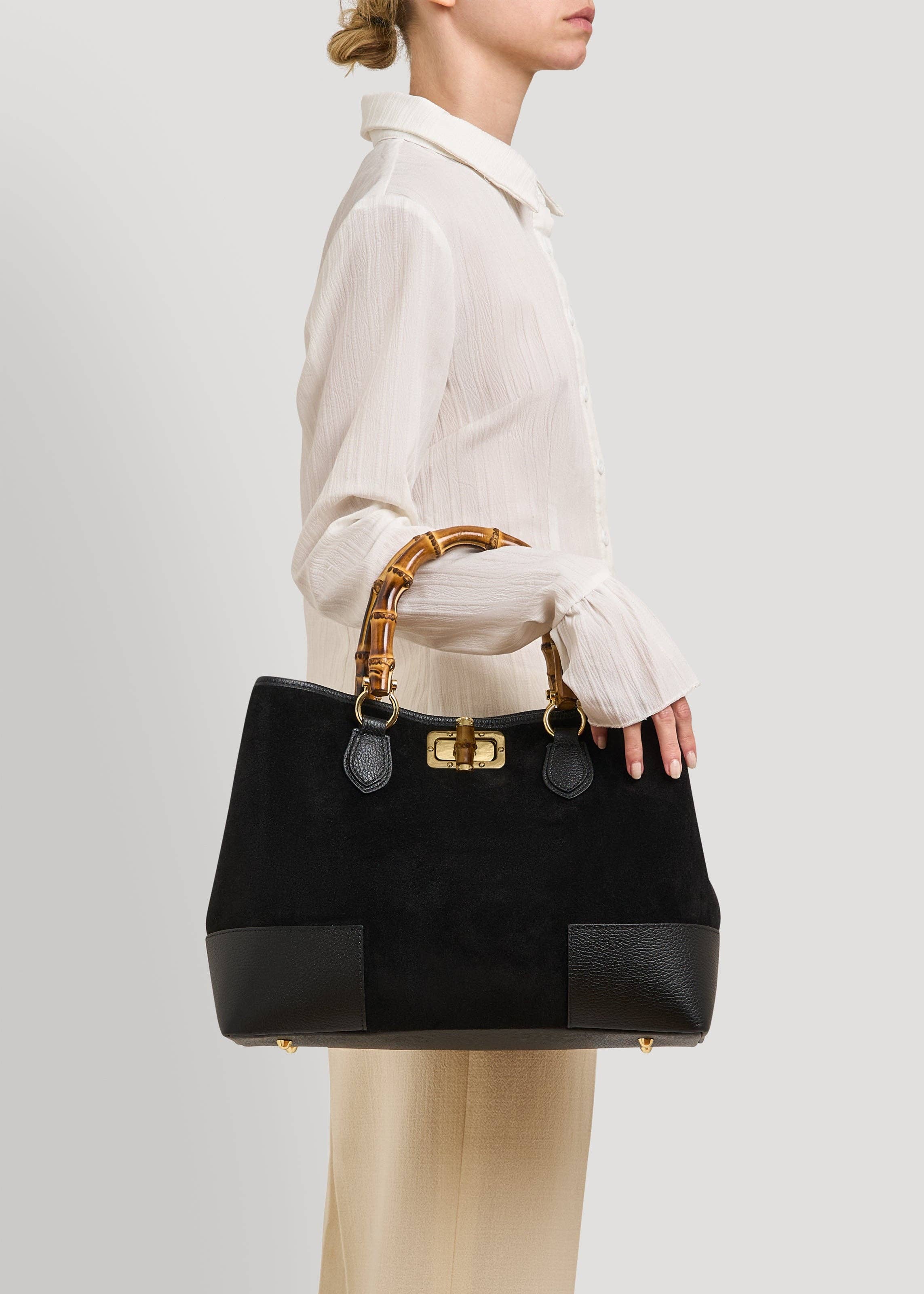Voemièn - Wholesale Top Handle Bag - Women's - Bamboo Babe Bag in Black Suede and Leather6