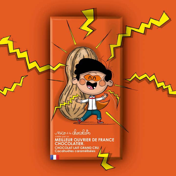 MILK CHOCOLATE BAR 42% AND CARAMELIZED PEANUTS ORGANIC for wholesale by nico et les chocolats