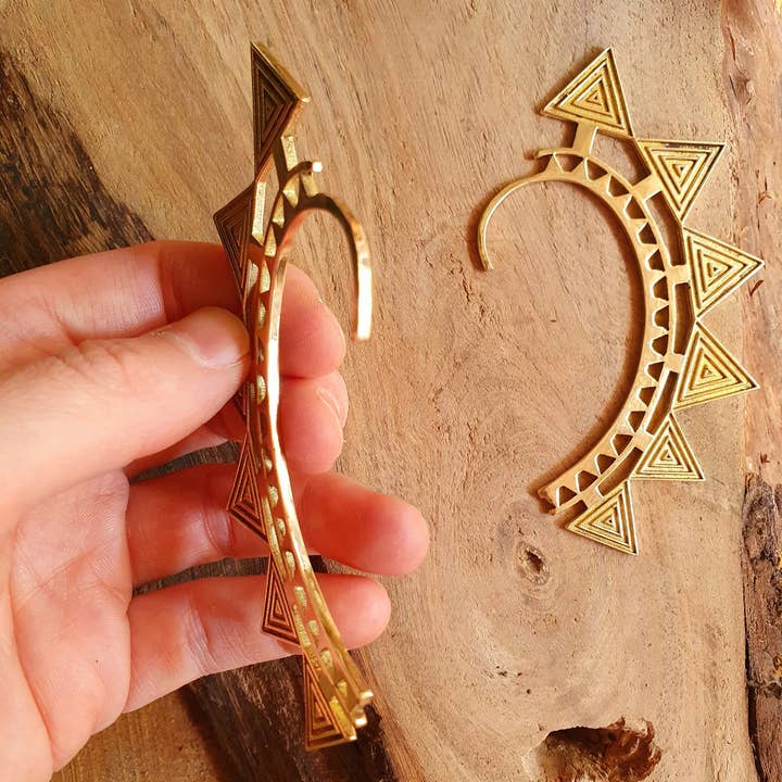 Kaali Boutique - Wholesale Cuff/Wrap Earrings - Ear Cuff Brass Aztec Triangles design / Tribal / Boho / Unisex / Mens Jewellery / Costume / Fancy Dress / Cosplay / Festival Jewellery /2