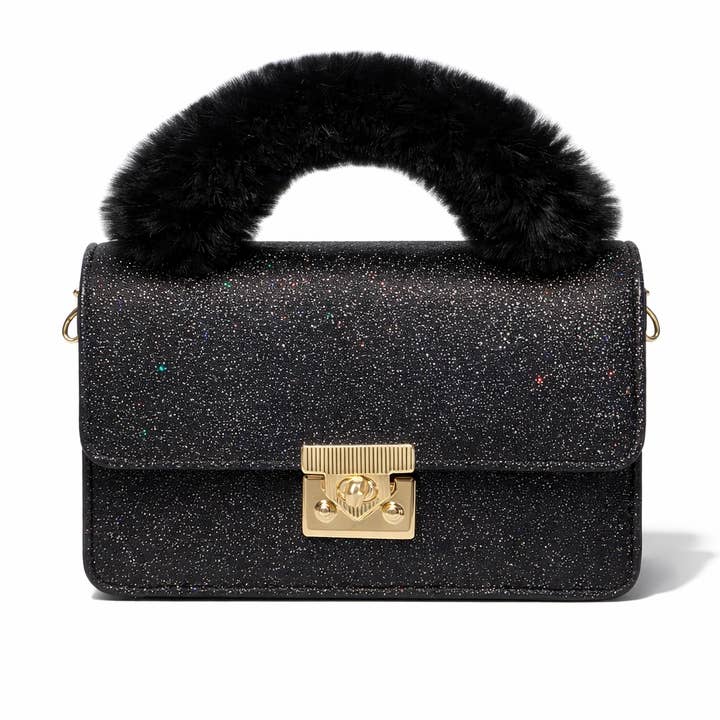 Svarta glittriga Mihella crossbodyväskor med handtag i fuskpäls för wholesale av NHP International