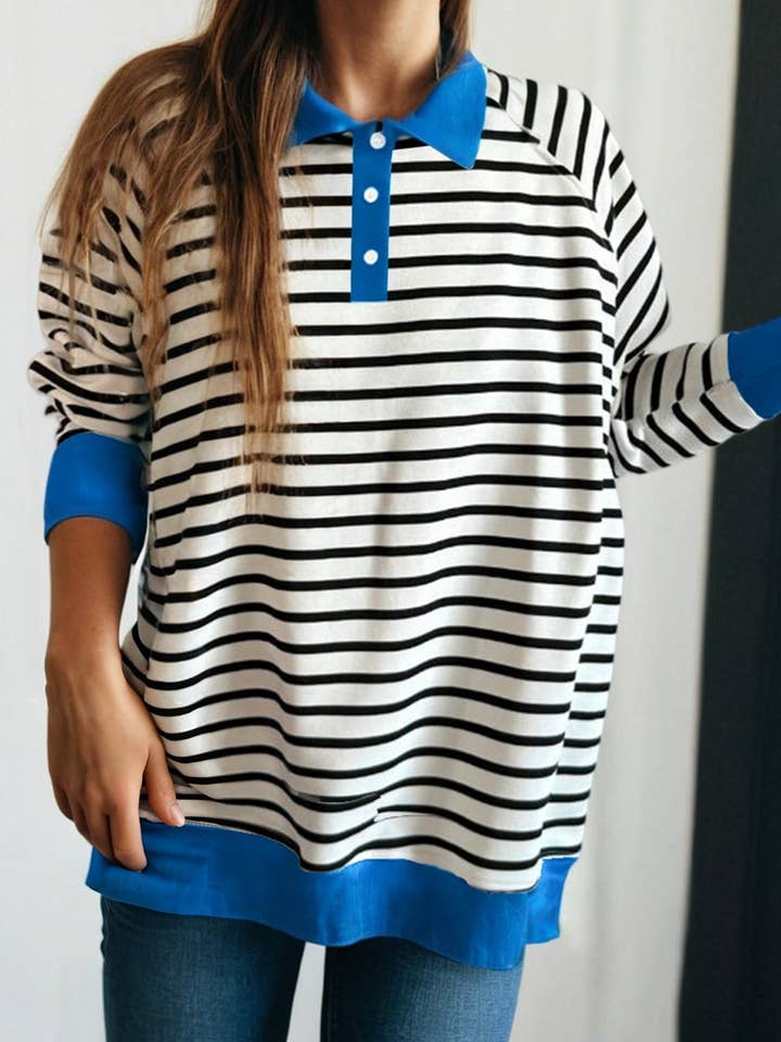 LAS Stripe Color Block Button Side Slit Sweatshirt (S-XL) for wholesale by LA Society