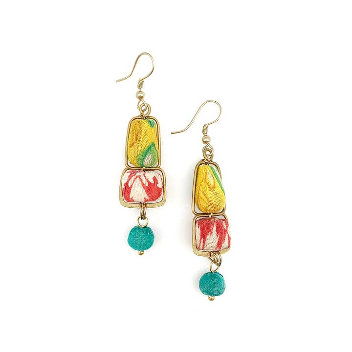 Anju Jewelry - Wholesale Dangle Earrings - Aasha Brass Framed Oblong Beads with Single Drop Earrings