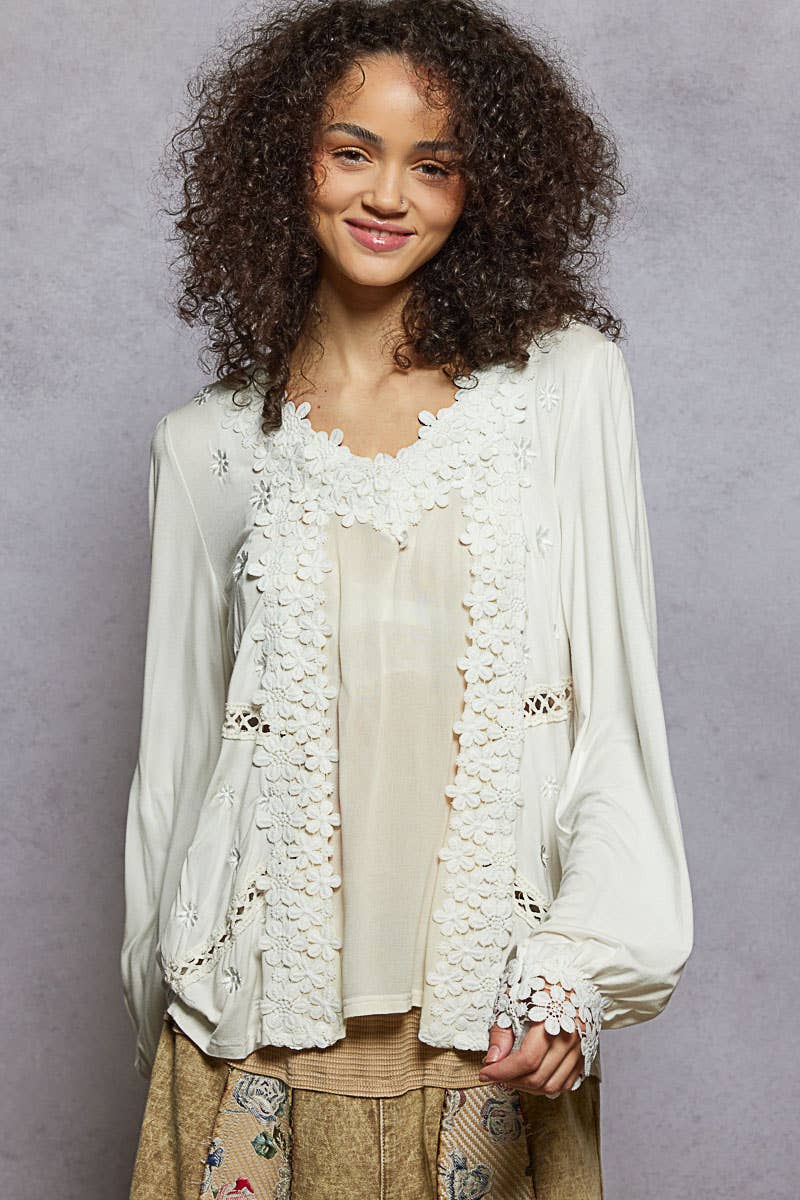 Pol Clothing - Wholesale Blouse - Women's - Long Sleeve Contrast Floral Lace Crochet V-Neck Top13