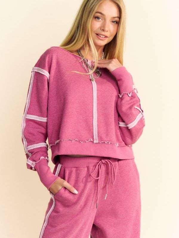 Davi & Dani - Wholesale Top & Pant Set (NOT Loungewear) - Women's - RAW EDGE OUTSEAM TOP ELASTIC WAISTBAND PANTS SET
